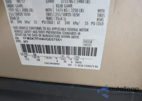 2017 Ford Explorer Limited from USA, damaged, VIN 1FM5K7FH4HGE07551